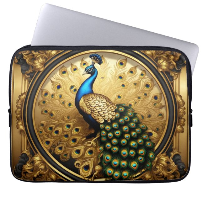 Peacock gold and black ornamental frame laptop sleeve (Front)