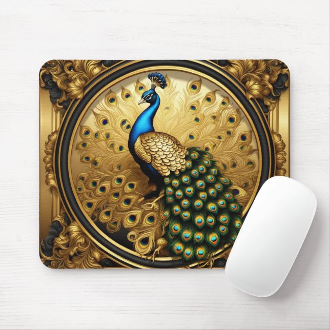 Peacock gold and black ornamental frame mouse pad (With Mouse)