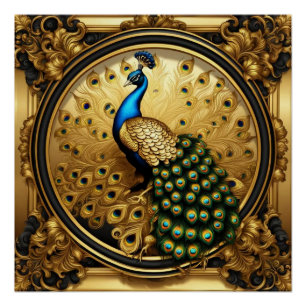 Peacock gold and black ornamental frame poster