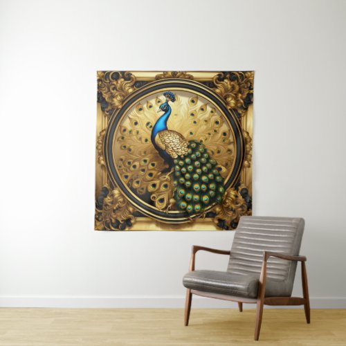 Peacock gold and black ornamental frame tapestry