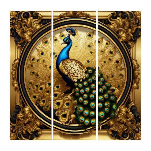 Peacock gold and black ornamental frame triptych (Front)