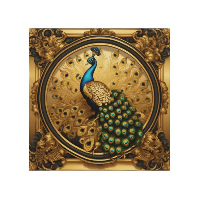 Peacock gold and black ornamental frame wood wall art (Front)