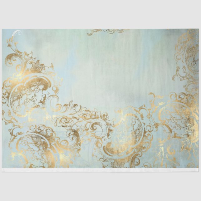 Peacock Gold and Dusty Blue Coordinate Decoupage Tissue Paper (Front)