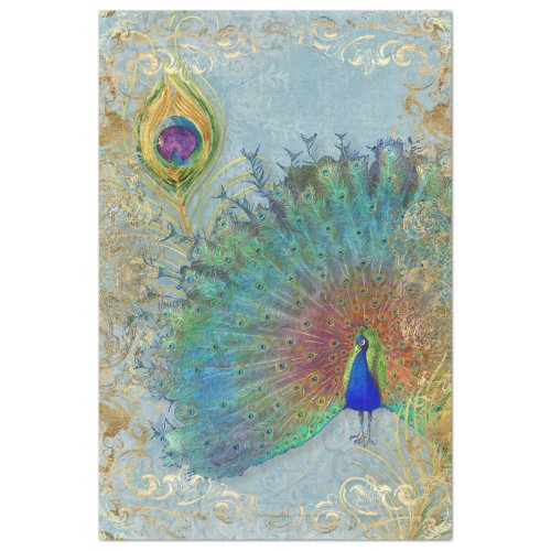 Peacock Gold Foil Scrollwork Feather Decoupage Art Tissue Paper