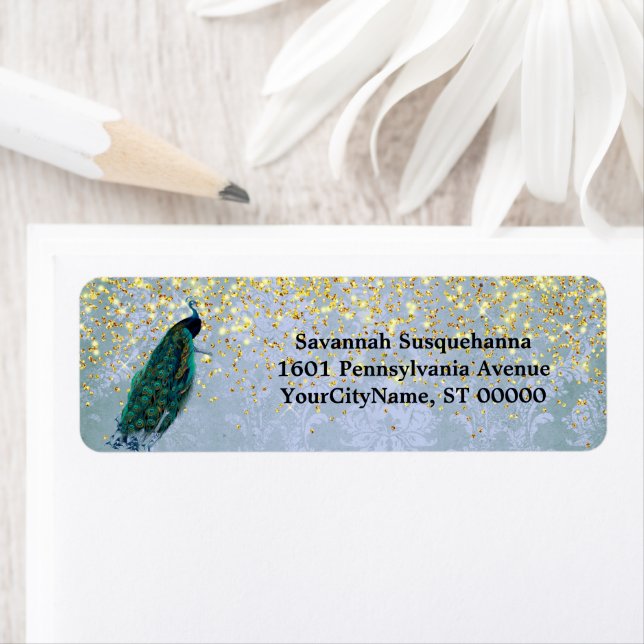 Peacock Gold Sparkles Watercolor Address Label (Insitu)