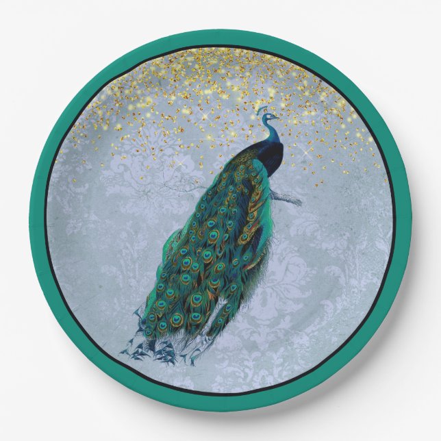 Peacock Gold Sparkles Watercolor Paper Plates (Front)
