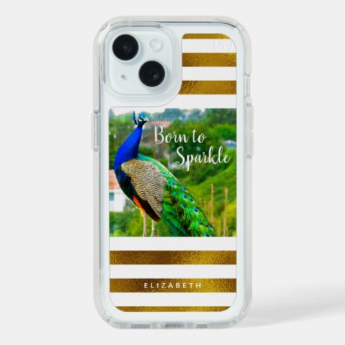 Peacock Gold White Stripes Born to Sparkle Quote iPhone 15 Case