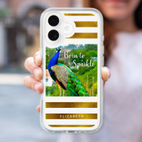 Peacock Gold White Stripes Born to Sparkle Quote