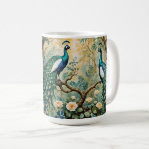 Peacock Golden Teal Floral Jungle Coffee Mug
