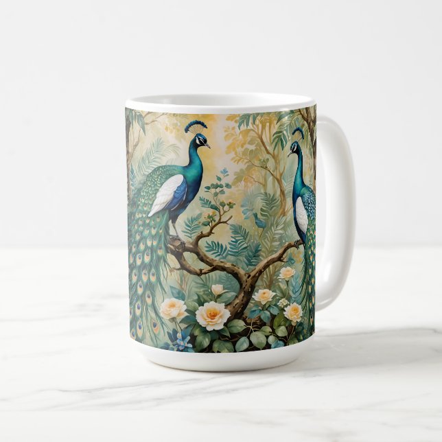 Peacock Golden Teal Floral Jungle Coffee Mug (Front Right)