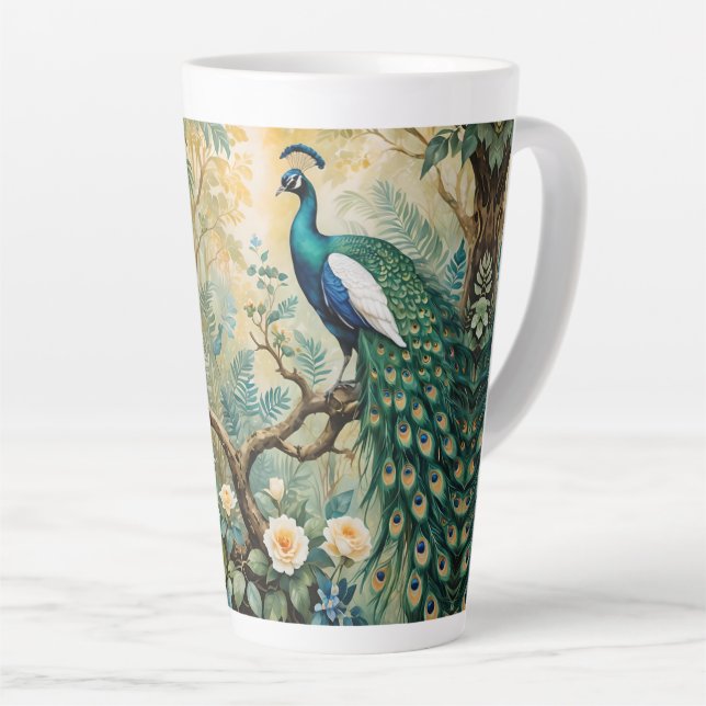Peacock Golden Teal Floral Jungle Latte Mug (Right Angle)