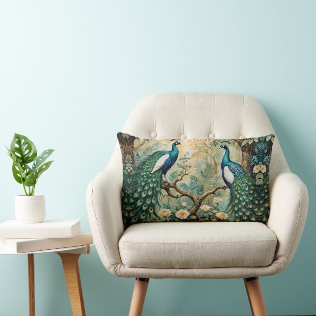 Peacock Golden Teal Floral Jungle Lumbar Pillow (Chair)