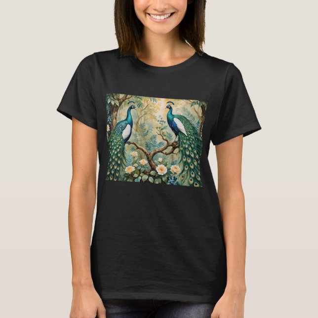 Peacock Golden Teal Floral Jungle T-Shirt (Front)