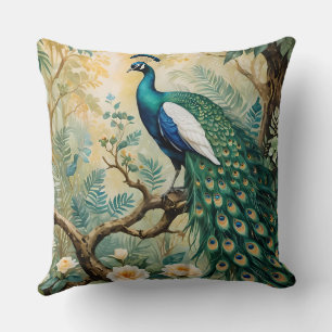 Peacock Golden Teal Floral Jungle Throw Pillow