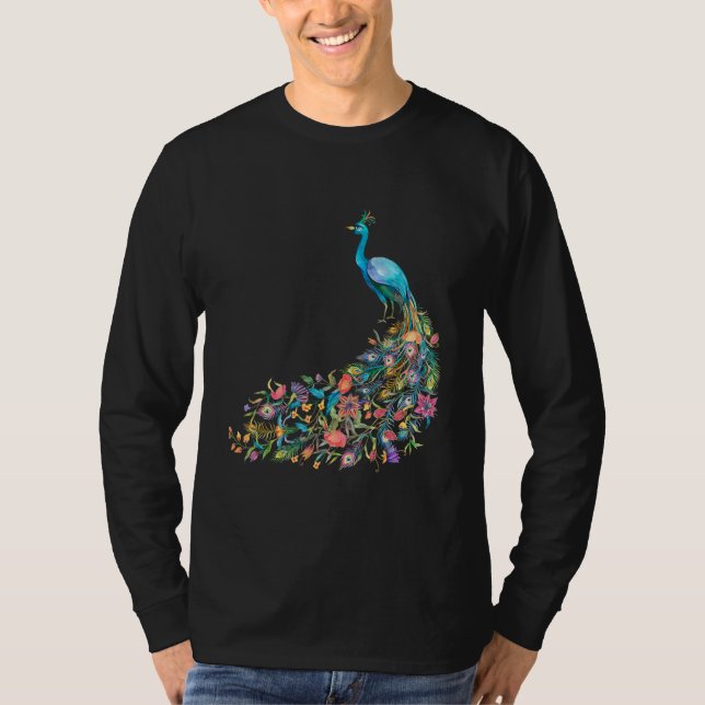 Peacock Graphic Blue Teal Floral Tail Feathers Bir T-Shirt (Front)