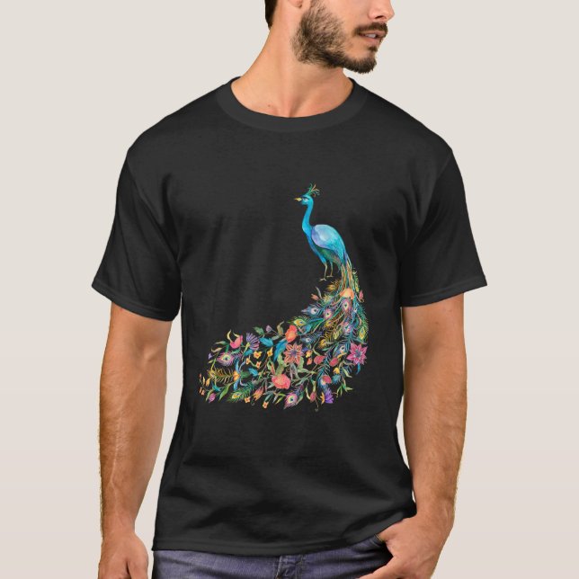 Peacock Graphic Blue Teal Floral Tail Feathers Bir T-Shirt (Front)