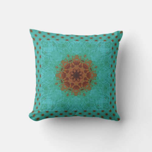 Peacock Green and Rust Graphic Floral Mandala Outdoor Pillow