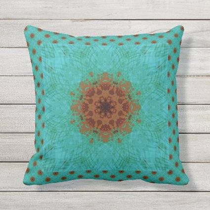 Peacock Green and Rust Graphic Floral Mandala Outdoor Pillow