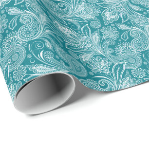 Peacock Green And White Vintage Paisley Wrapping Paper