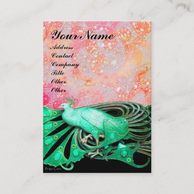 PEACOCK green black red pink sparkle Business Card (Front)