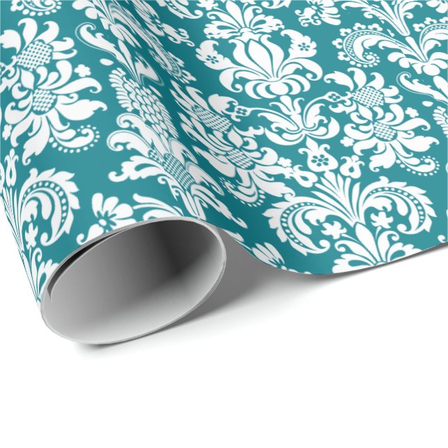 Peacock Green Floral Damasks White Background Wrapping Paper (Roll Corner)