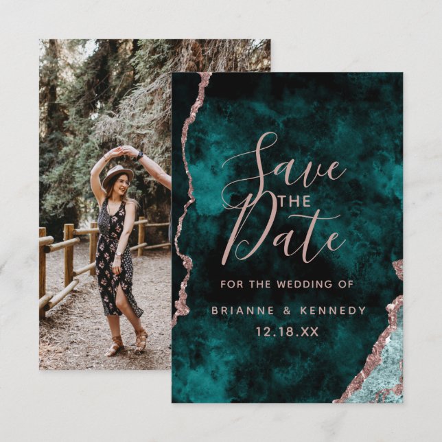 Peacock Green Rose Gold Agate Marble Photo on Back Save The Date (Front/Back)