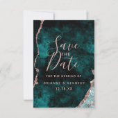 Peacock Green Rose Gold Agate Marble Photo on Back Save The Date (Front)