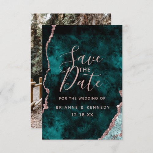 Peacock Green Rose Gold Agate Marble Photo on Back Save The Date