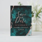 Peacock Green Rose Gold Agate Marble Photo on Back Save The Date (Standing Front)