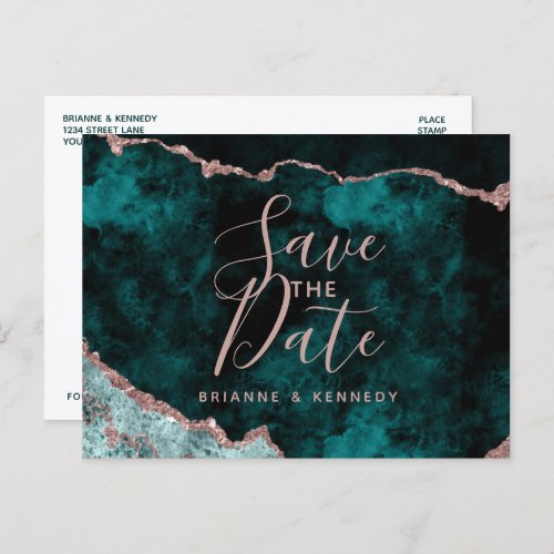 Peacock Green Rose Gold Agate Marble Save the Date Announcement Postcard