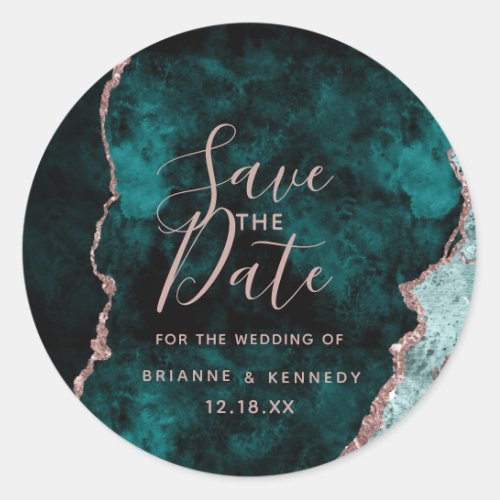 Peacock Green Rose Gold Agate Marble Save the Date Classic Round Sticker