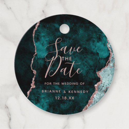 Peacock Green Rose Gold Agate Marble Save the Date Favor Tags