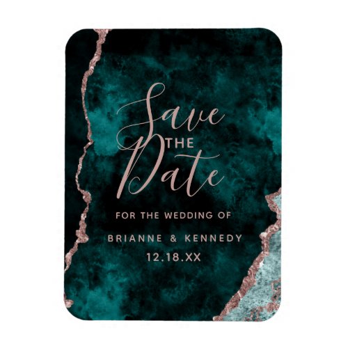 Peacock Green Rose Gold Agate Marble Save the Date Magnet