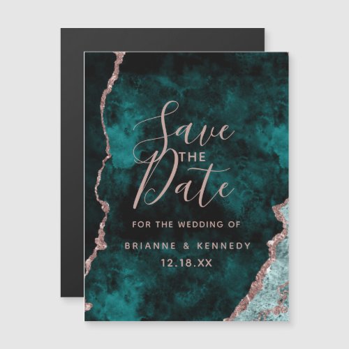 Peacock Green Rose Gold Agate Marble Save the Date Magnetic Invitation