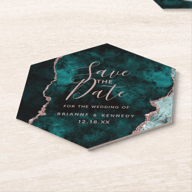 Peacock Green Rose Gold Agate Marble Save the Date Paper Coaster (Angled)
