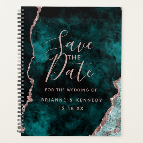 Peacock Green Rose Gold Agate Marble Save the Date Planner