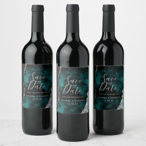 Peacock Green Rose Gold Agate Marble Save the Date Wine Label