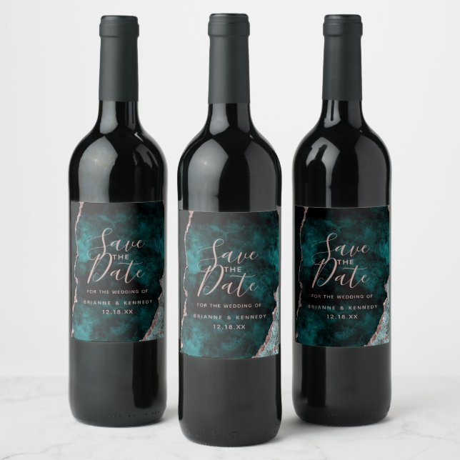 Peacock Green Rose Gold Agate Marble Save the Date Wine Label (Bottles)