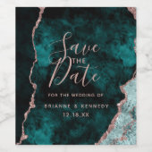 Peacock Green Rose Gold Agate Marble Save the Date Wine Label (Single Label)