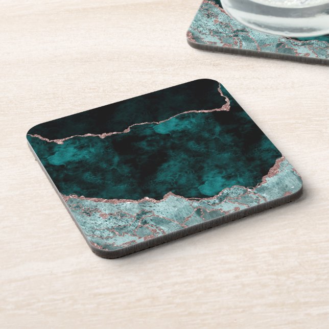 Peacock Green & Rose Gold Agate Marble Wedding Beverage Coaster (Left Side)