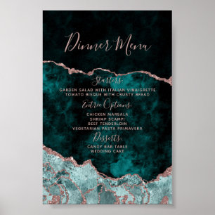Peacock Green Rose Gold Agate Marble Wedding Menu Poster