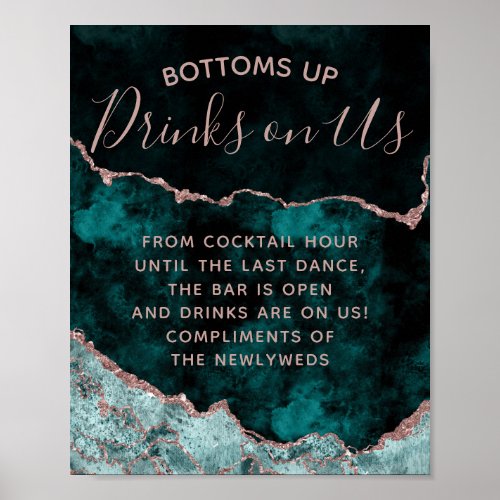 Peacock Green Rose Gold Agate Open Bar Table Sign