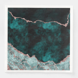 Peacock Green & Rose Gold Agate Watercolor Wedding Paper Dinner Napkins