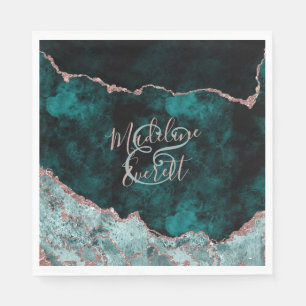 Peacock Green & Rose Gold Agate Wedding Monogram Napkins