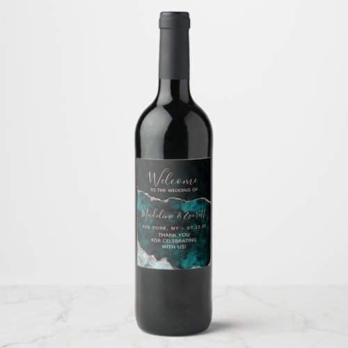 Peacock Green  Rose Gold Agate Wedding Welcome Wine Label