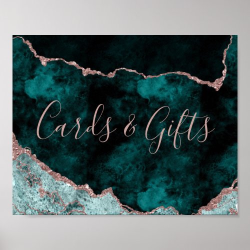 Peacock Green Rose Gold Cards and Gifts Table Sign