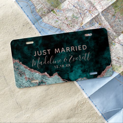 Peacock Green  Rose Gold Foil Agate Just Married License Plate