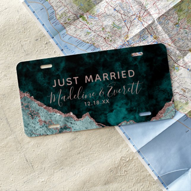 Peacock Green & Rose Gold Foil Agate Just Married License Plate (In Situ)