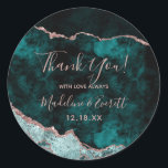 Peacock Green & Rose Gold Foil Agate Thank You Classic Round Sticker<br><div class="desc">Rich Peacock Teal Green & Elegant Rose Gold Faux Foil Watercolor Marble Agate Gilded Geode Invitation Design,  with Modern and Script fonts. Luxurious Trendy and Chic Wedding Thank You Stickers! ~ Check my shop to see the entire wedding suite for this design!</div>