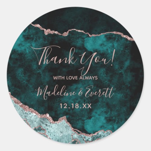 Peacock Green  Rose Gold Foil Agate Thank You Classic Round Sticker